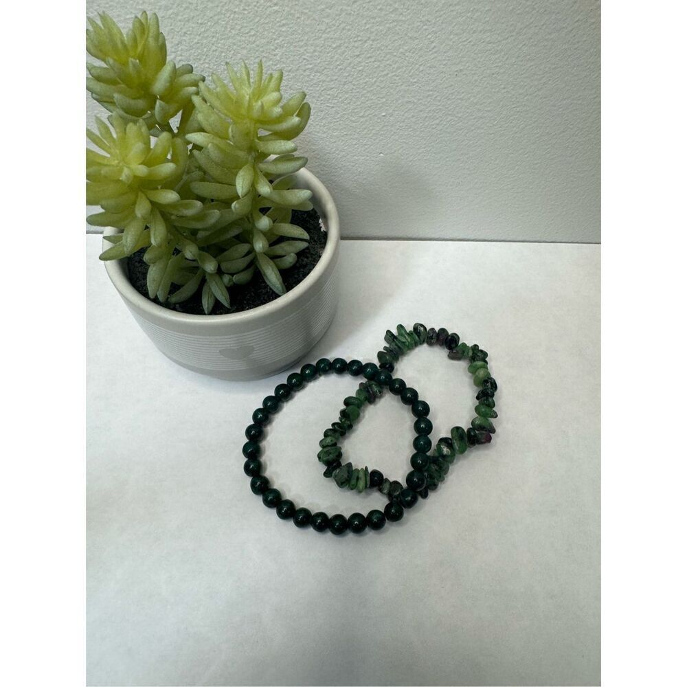 Malachite + Ruby Zoisite Gemstone Beaded Stretch … - image 1
